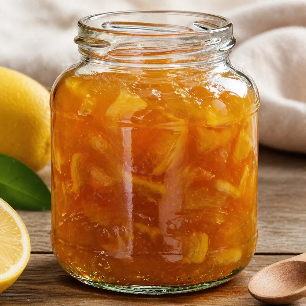 UNiTWIST Oval370 hillopurkki 370ml täynnä appelsiinimarmeladia sitruunan vieressä puupohjalla.