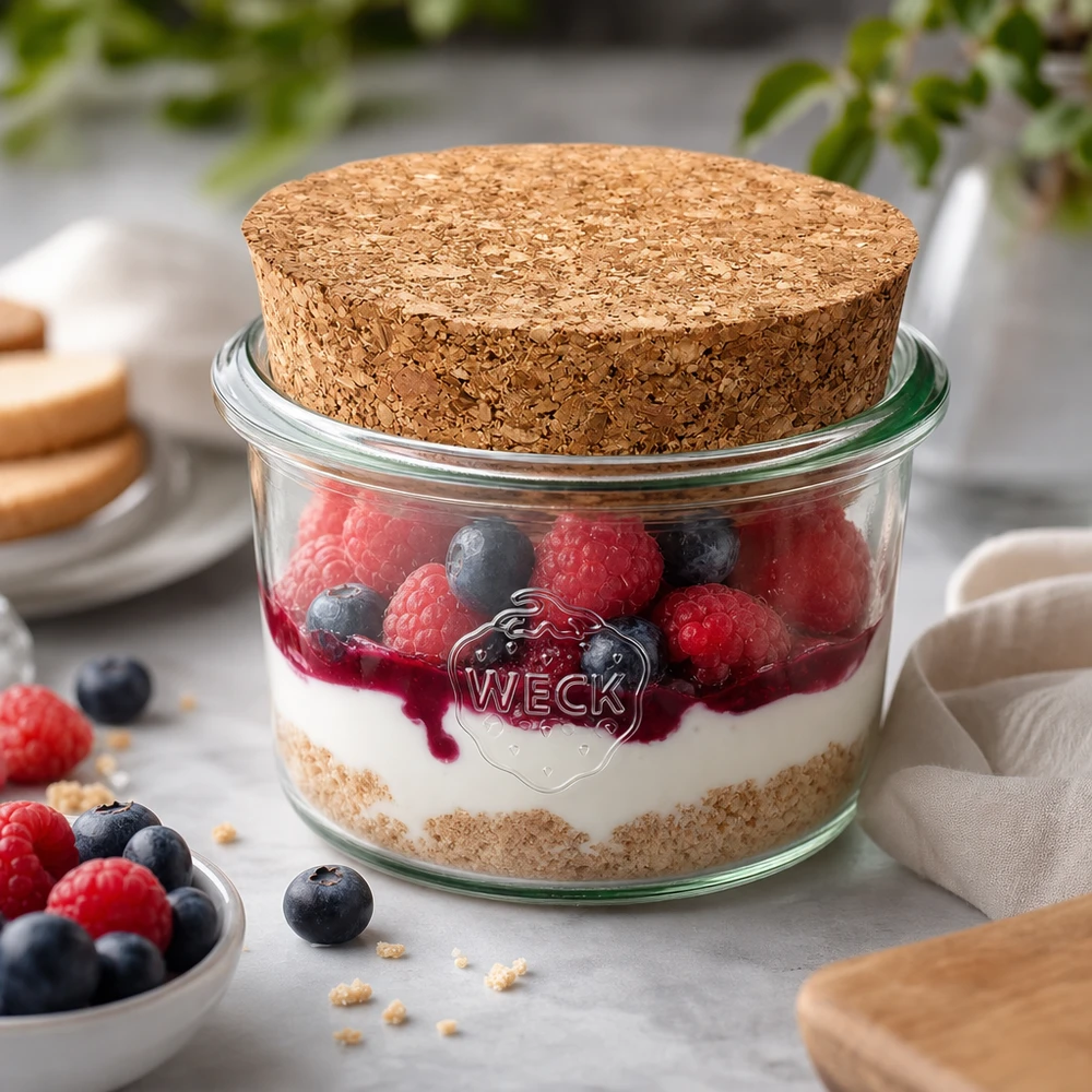 80ml juomalasit WECK RR60 korkilla luonnonvärinen WECK tumblers 80ml RR60 korkilla korkki jälkiruokapurkki marja tiramisu kerrostettu jälkiruoka täydellisesti annosteltuina