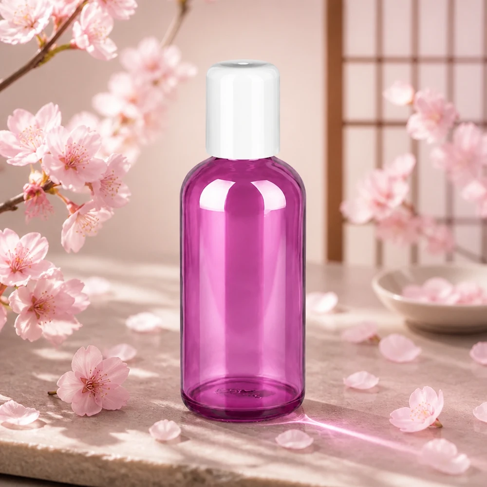 100ml roll-on-pullo valkoinen vakio PurpleLine UT18/100 Läpinäkyvä violetti roll-on-pullo 100ml, jossa on valkoinen kansi helppoon hoitotuotteiden annosteluun.