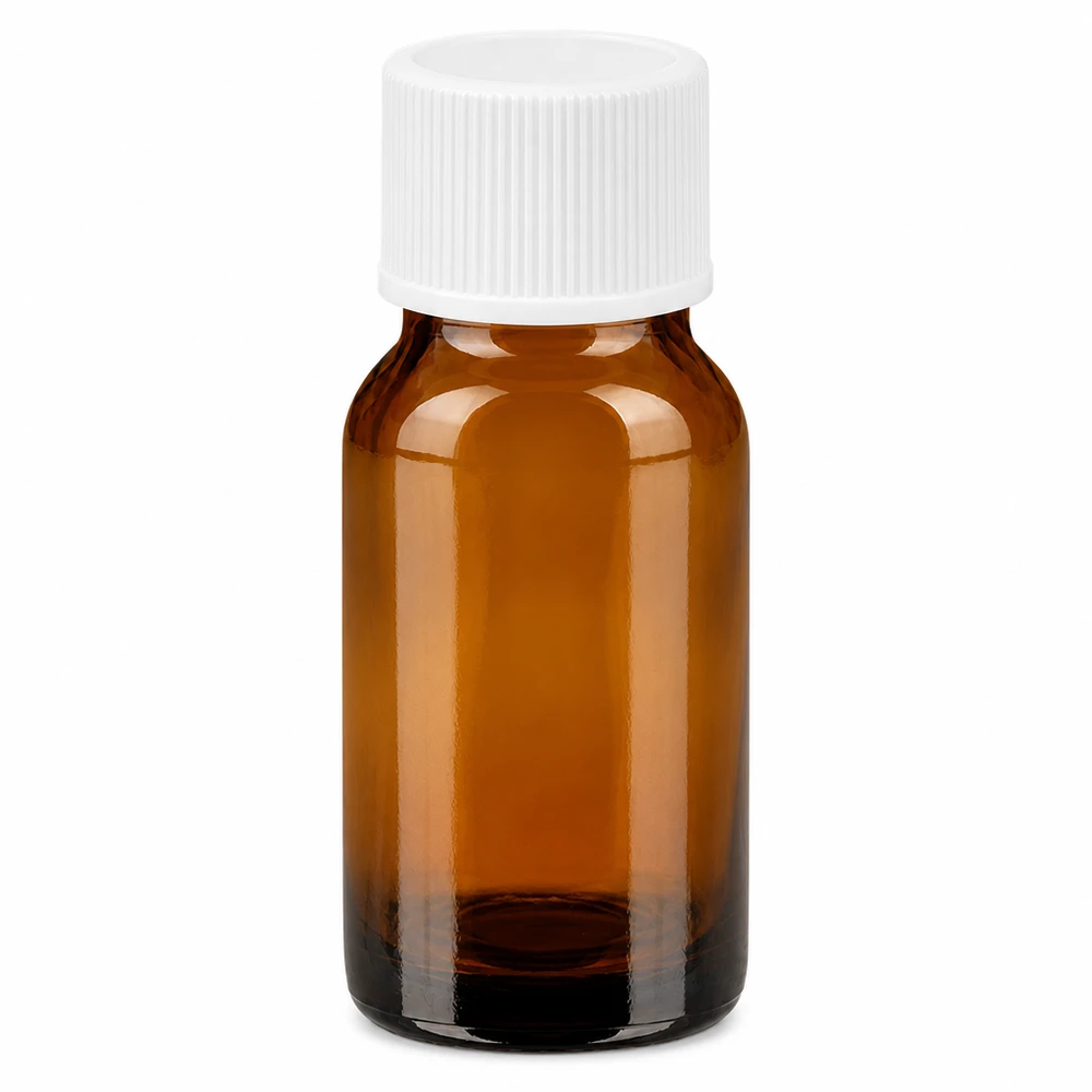 Ruskea lasipullo 10ml valkoisella kierrekorkilla eteerisille öljyille ja kosmetiikalle.