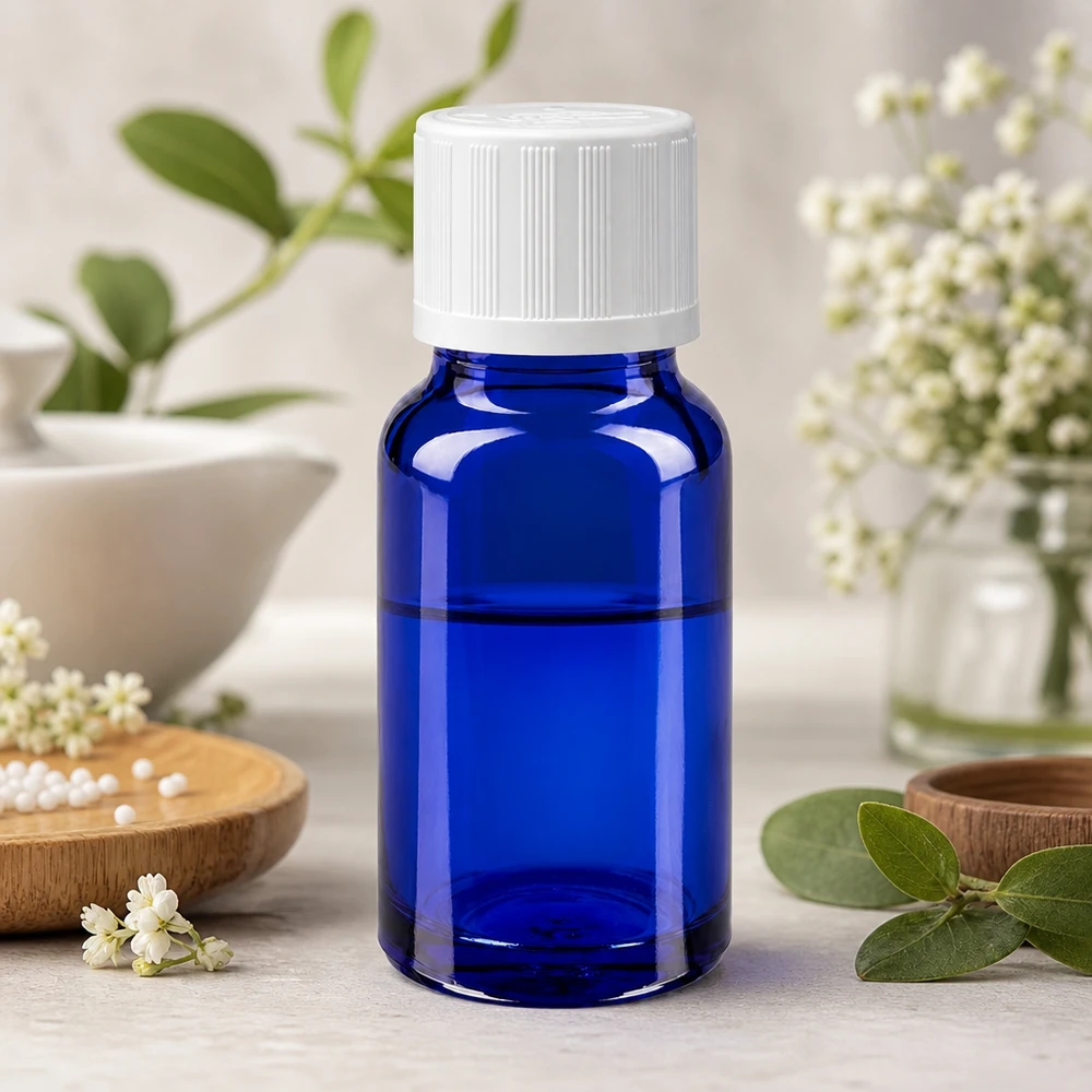 Apteekkipullo sininen 10ml tippapullon korkki valkoinen lapsiturvallinen standardi Sininen 10 ml:n tiputuspullo, jossa on valkoinen lapsiturvallinen korkki, yrttikasvien ja kukkien keskellä