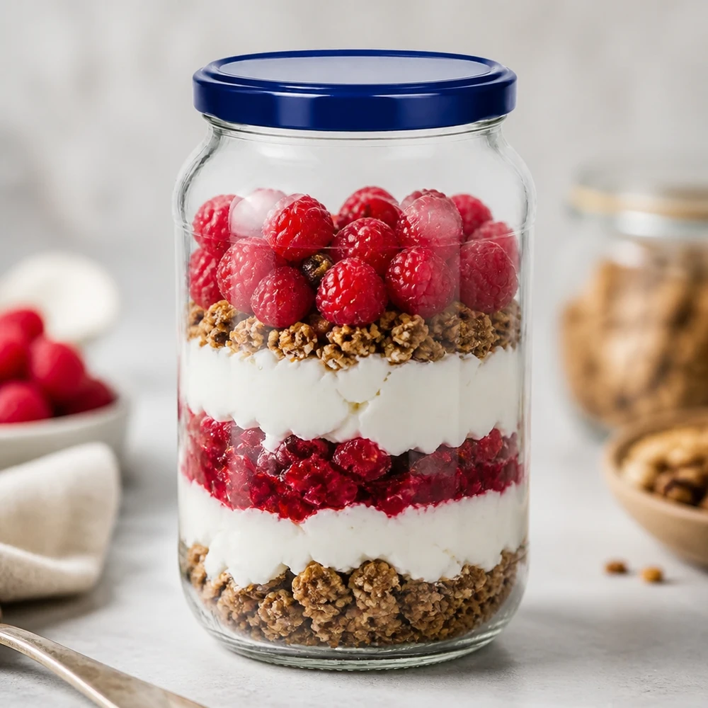1062ml pyöreä purkki + BasicSeal-kansi sininen UNiTWIST 1062ml pyöreä purkki BasicSeal kansi sininen UNiTWIST jälkiruoka parfait kerroksellinen jälkiruoka jogurtti marjat granola jälkiruoka