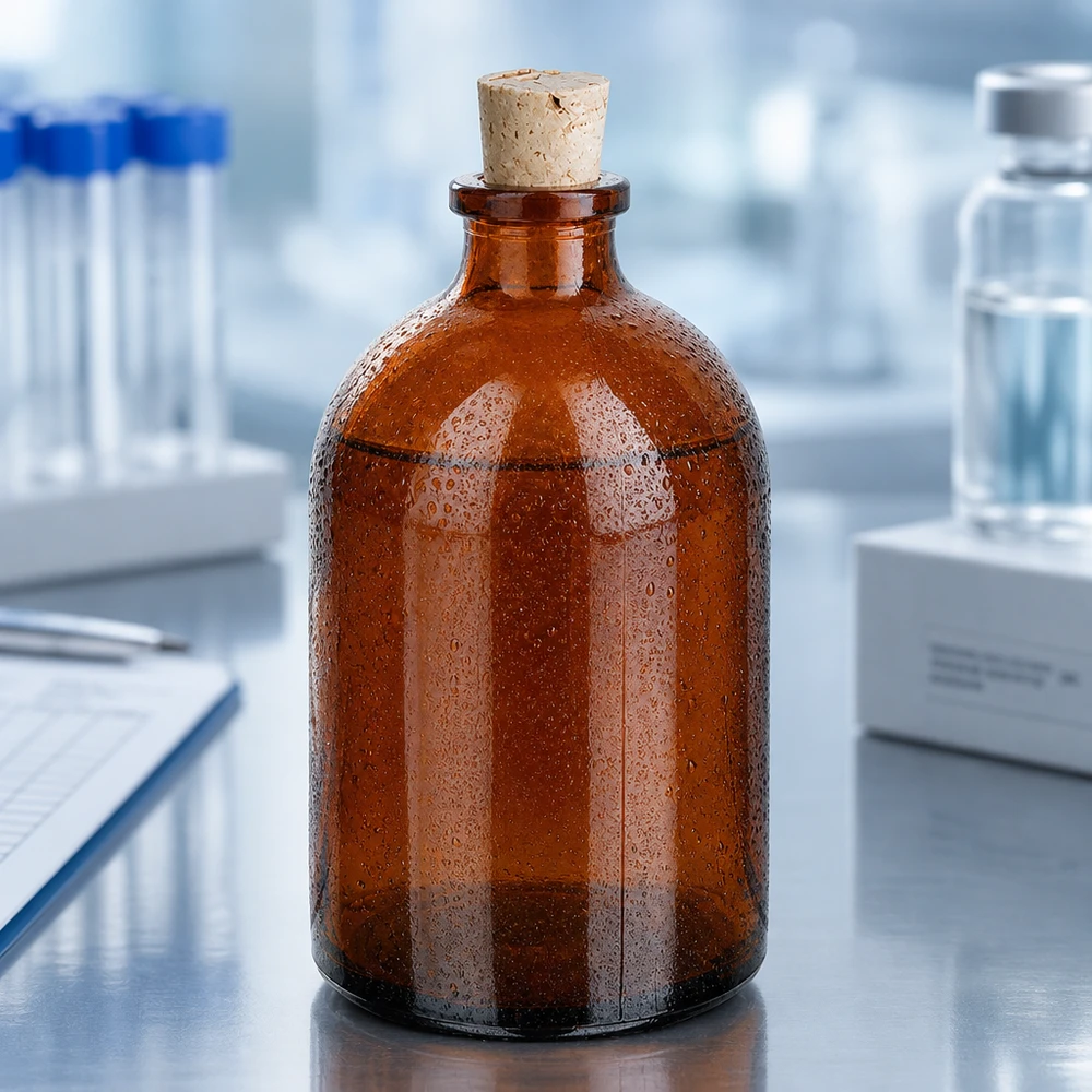 Meripihkanvärinen lasipullo 100ml korkilla 11/14mm Robuste Reagenzflasche 100ml aus braunem Borosilikatglas mit traditionellem Korkstopfen
