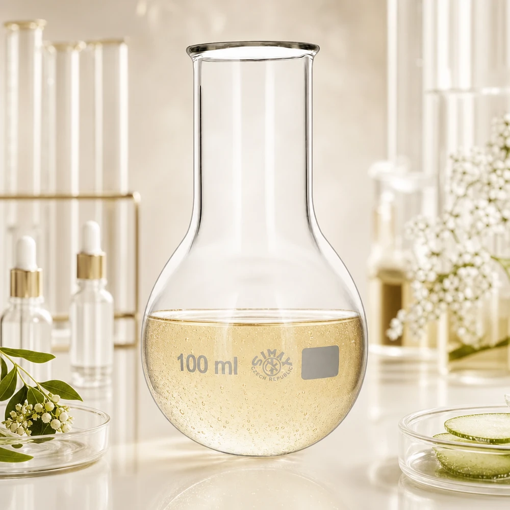 Pyöreäpohjainen pullo 100ml leveä kaula 100 ml:n pyöreäpohjainen pullo, jossa on suuri leveä suuaukko nesteiden tarkkaa annostelua varten.