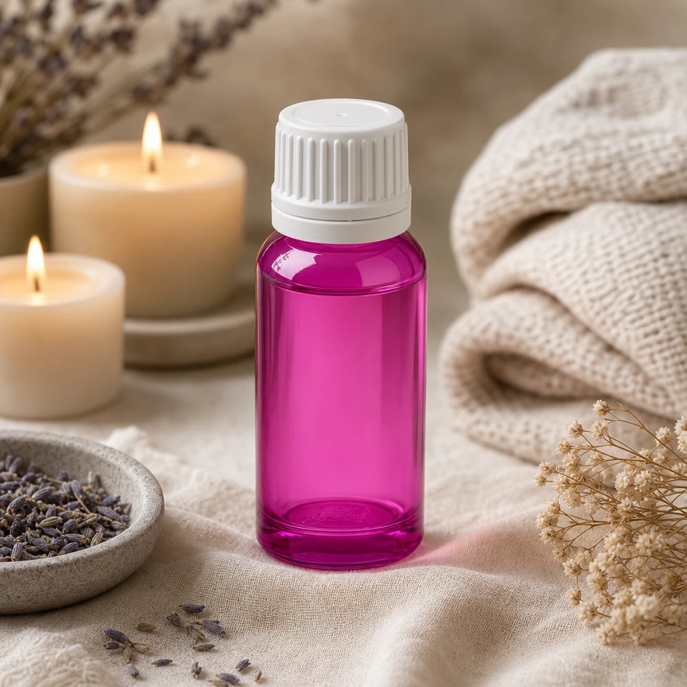 Laadukas 20ml PurpleLine-lasipullo UV-suojalla ja valkoisella kierrekorkilla aromaterapiaa varten.