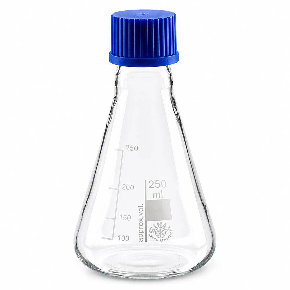 Erlenmeyer-pullo 250ml, jossa on kierrekorkki. Kartiomainen Erlenmeyer-pullo 250 ml, jossa on asteikko ja sininen korkki tarkkaa mittausta varten.