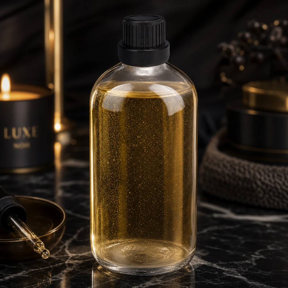 100ml tippapullo 2mm musta tamper-evident korkki ClearLine UT18/100 Kultaisenvärinen öljy 100 ml:n kirkkaassa lasipullossa, jossa on musta OV-korkki, ClearLine UT18