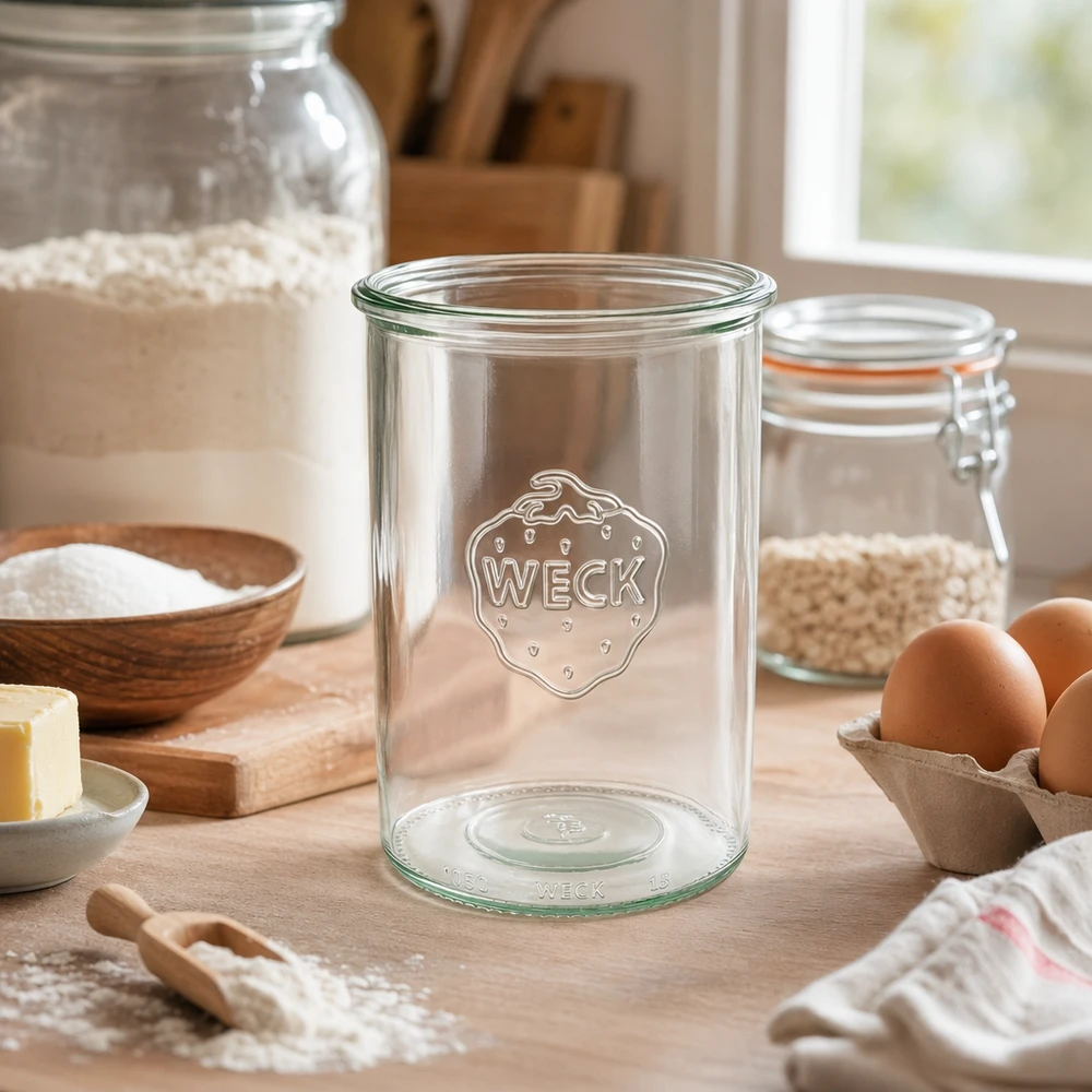1000ml WECK RR100 muuripurkki logolla maalaismaisessa keittiössä, jossa on leivonta-aineksia ja munia