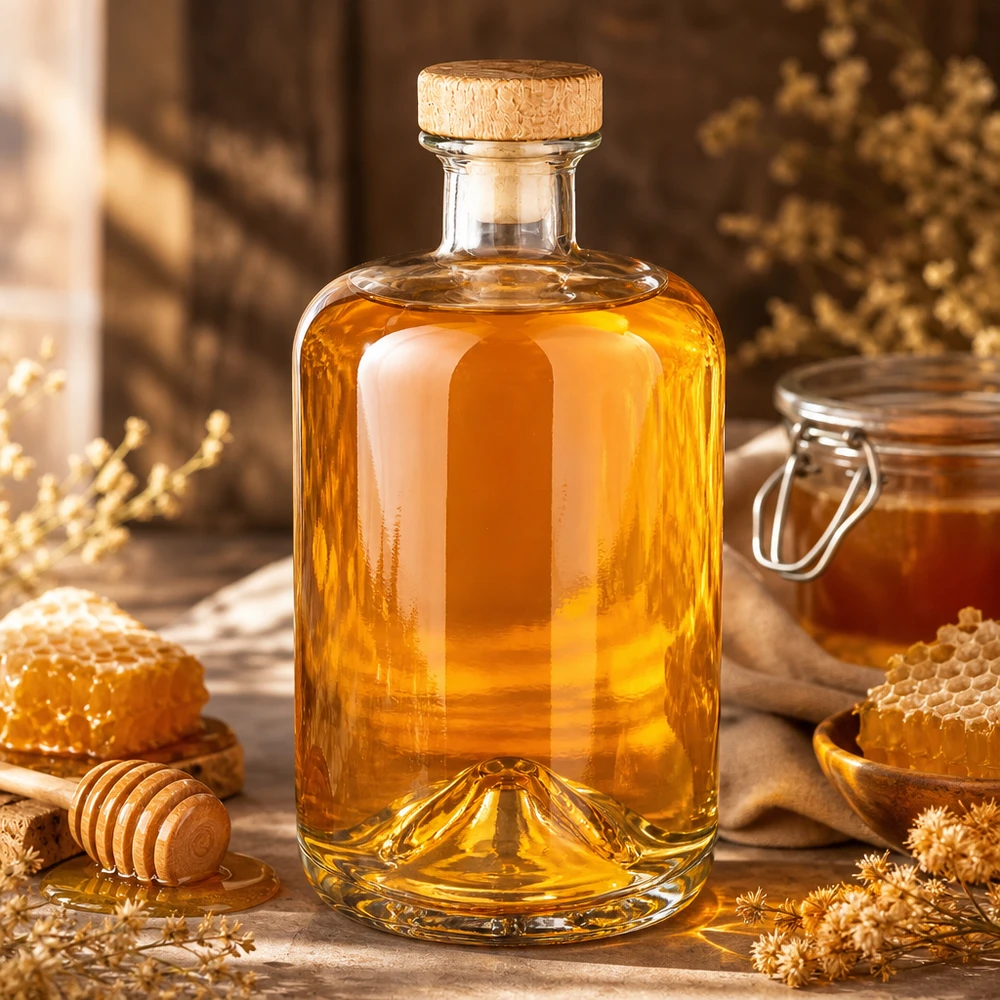 700ml Apothekenflasche "Classic" mit Holzgriffkorken UNiTWIST® 700ml Glasflasche Sofia mit Naturkorken gefüllt mit goldgelber Flüssigkeit umgeben von Honigwaben und Trockenblumen