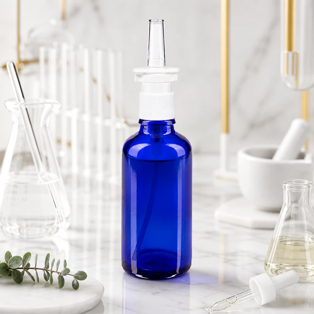Sininen 50 ml:n apteekkikäyttöön tarkoitettu lasinen nenäsumutepullo, jossa on kirkas sumutuskärki, laboratorioympäristössä