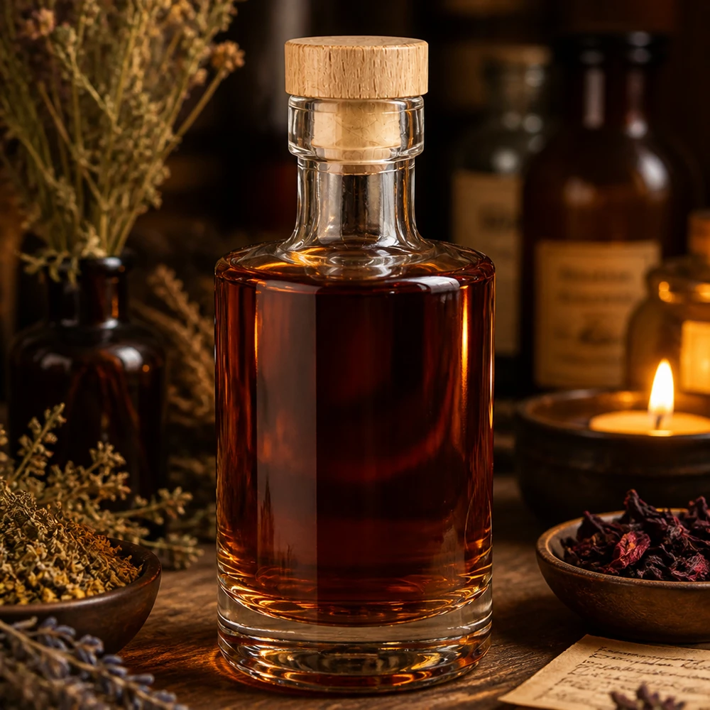 200ml Glasflasche "Marie" mit Holzgriff-Korken UNiTWIST 200ml Marie-lasipullo, jossa on meripihkanväristä nestettä, puinen korkkikorkki, maalaismainen koristelu kynttilällä ja yrteillä.