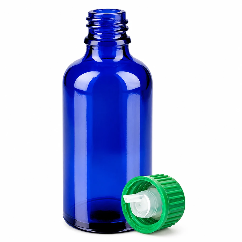 Sininen lasipullo 50ml, jossa 0.8mm tippakorkki eteerisille öljyille ja tinktuureille.