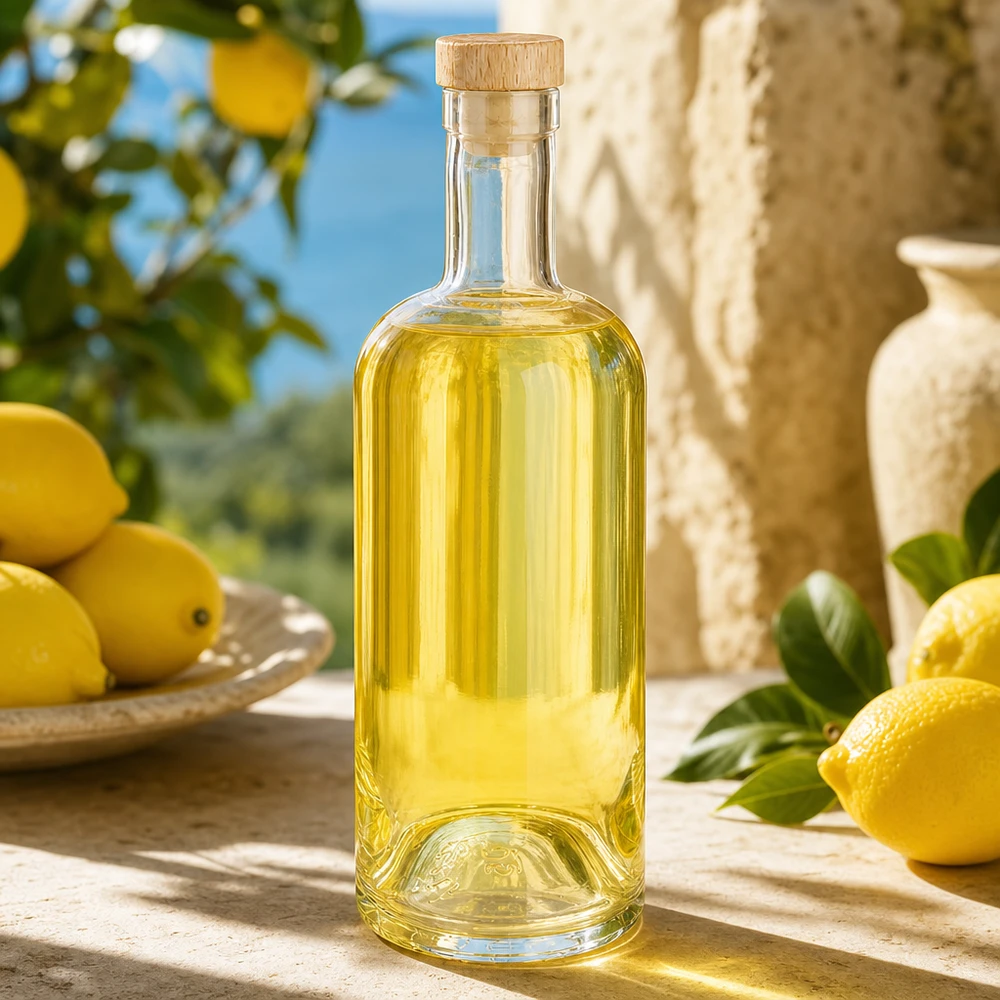 750ml Glasflasche "Attila" mit Holzgriffkorken UNiTWIST® 750ml Emma-lasipullo, jossa on puukorkki ja joka on täytetty kellertävällä nesteellä välimerellisessä sitruuna-asetelmassa.