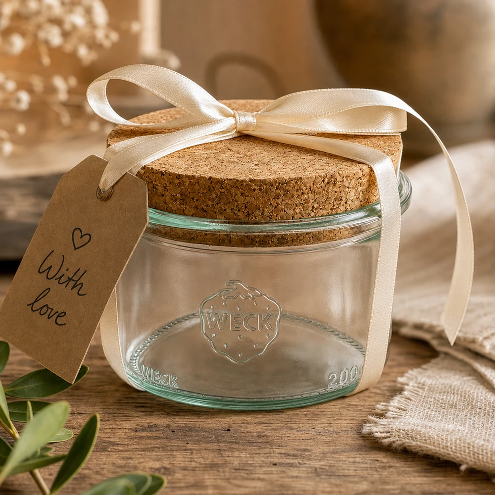 200ml korkeat juomalasit WECK RR80 korkilla luonnonvärinen WECK tumblers 200ml RR80 koristeellisesti pakattu nauhalla ja lahjatunnisteella With Love lahjaideana.