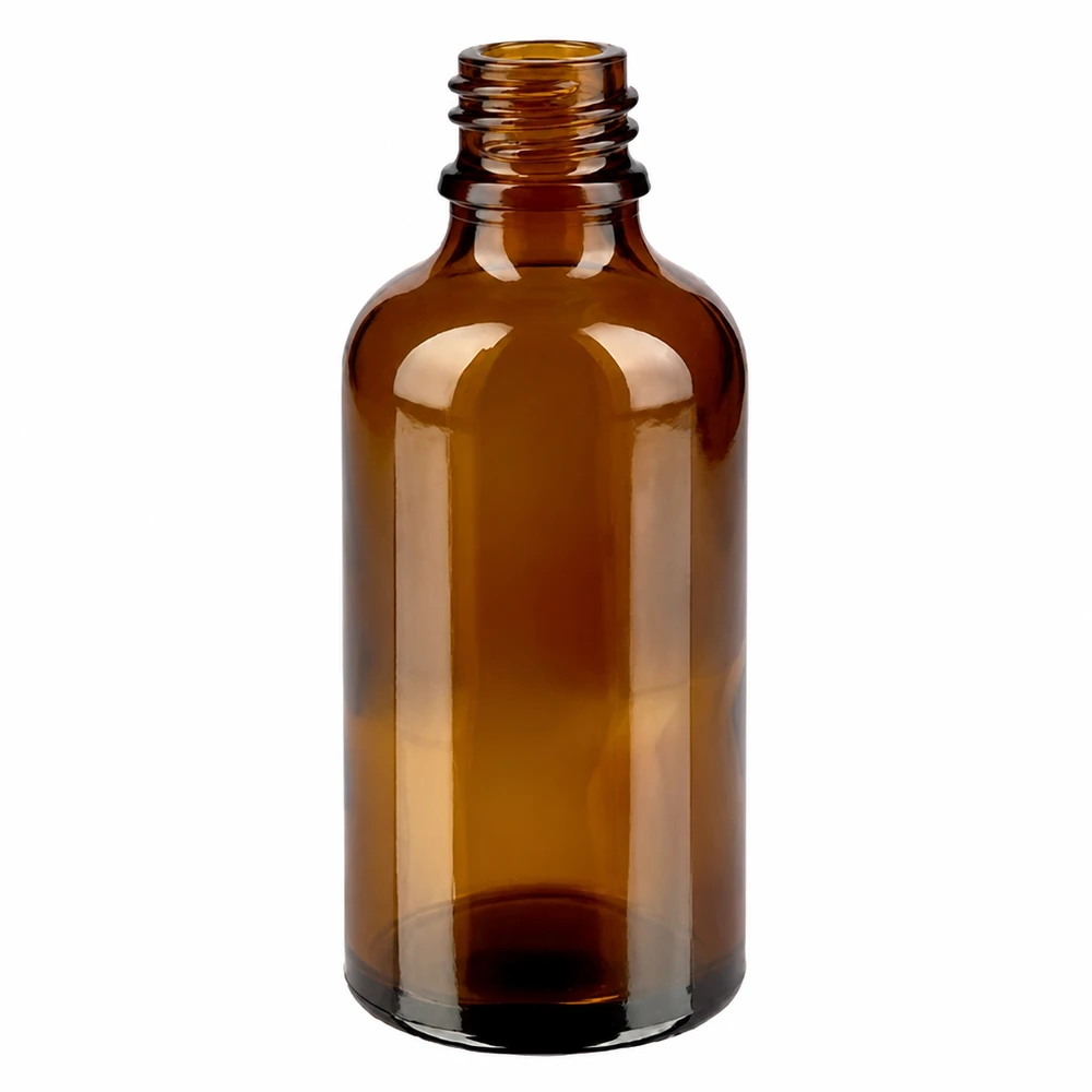 Ruskea lasipullo 50ml tiputuskorkilla eteerisille öljyille ja kosmetiikalle.