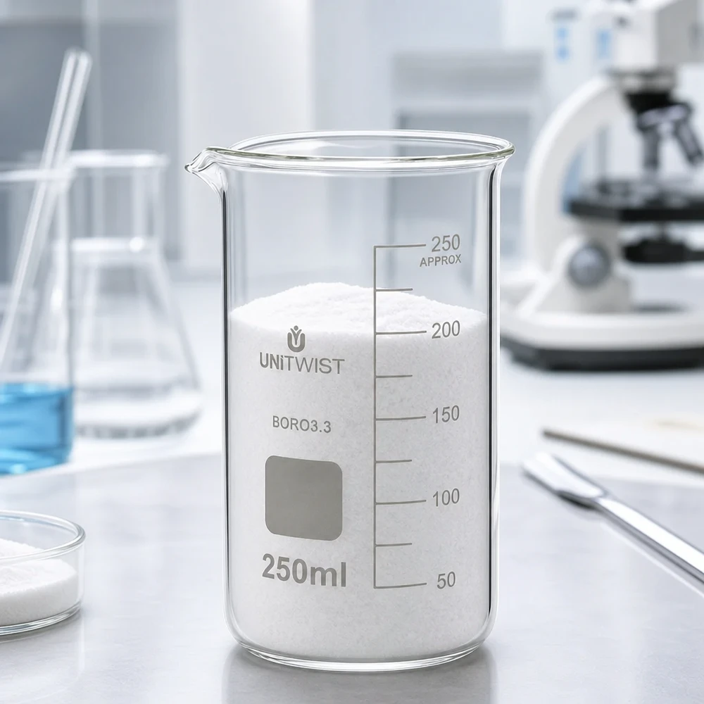 UNITWIST-lasikulho, 250 ml, korkea malli, täynnä valkoista jauhetta laboratoriotyötasolla