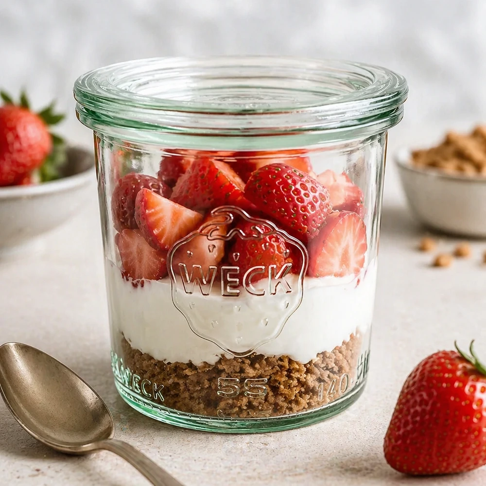 WECK 140 ml:n pyöreä purkki lasikannella RR60 | Huippulaatuinen WECK Sturzglas 140ml RR60 mit Joghurt Müsli Erdbeeren gefüllt als Dessertglas auf weißer Marmorplatte Frühstück