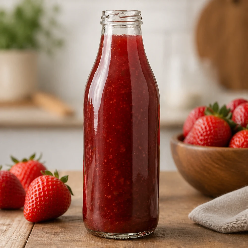 1000ml lasipullo ilman kantta (TO48) UNiTWIST 1000ml lasipullo TO48 UNiTWIST täynnä mansikkamehua keittiössä Sovellus esimerkki punainen smoothie-pullo