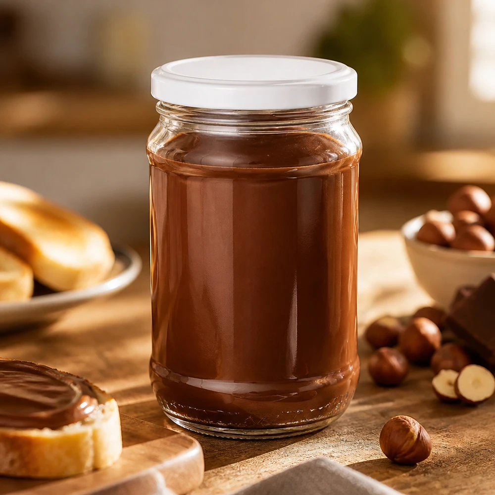 370 ml:n UNiTWIST-pyöreä lasipurkki, jossa on valkoinen BasicSeal-kansi, täytetty pähkinä-nougat-kermalla, puupöydällä