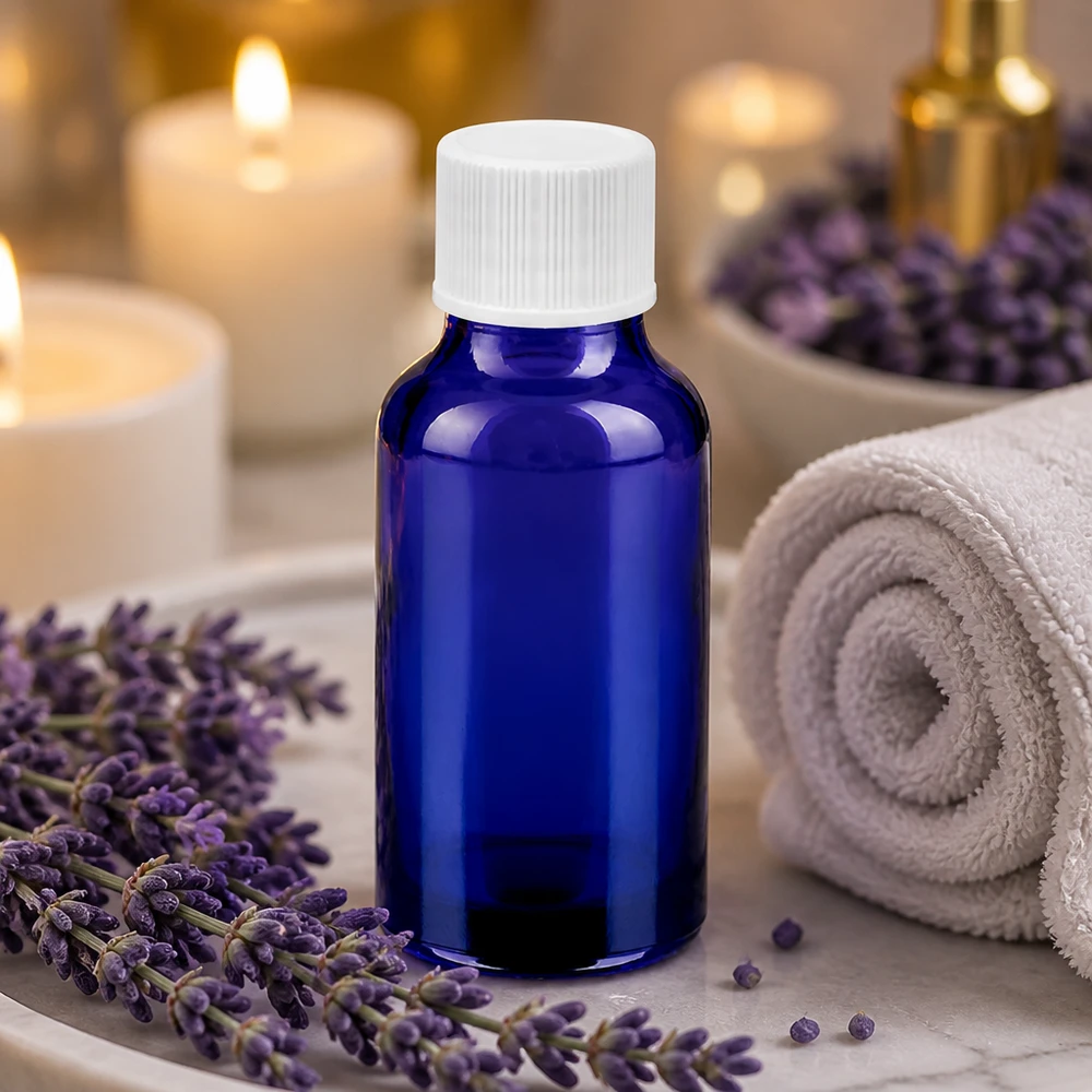 20ml aromaterapiapullo koboltinsininen, valkoinen korkki SV 11mm laventeliöljylle.