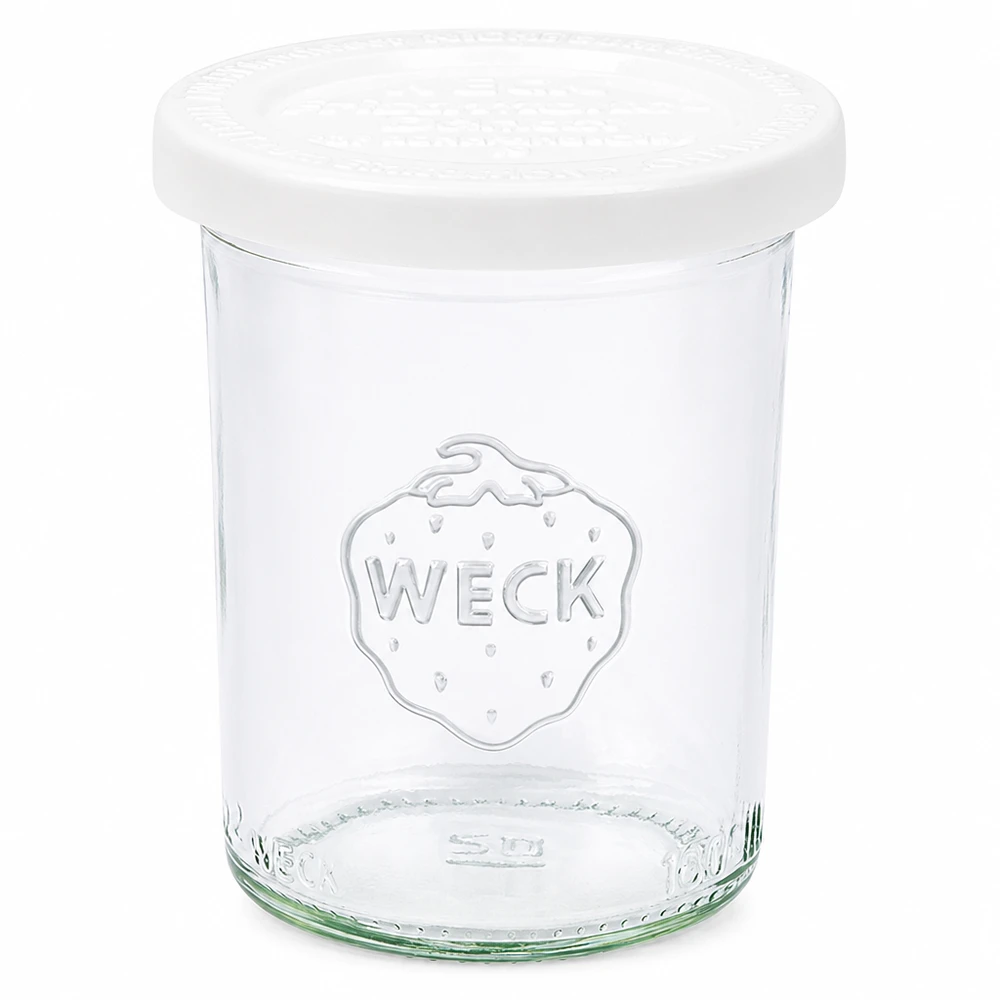 160 ml:n lasipurkki, jossa on tuoreuskansi, WECK RR60 WECK 160ml muuripurkki valkoisella kannella RR60 - Kirkas lasipurkki, jossa on WECK-logo.