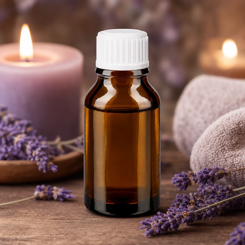 30 ml:n apteekkipullo, ruskeaa lasia, valkoisella tippakorkilla, laventeliöljyä ja aromaterapiaa varten
