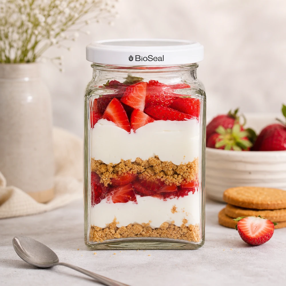 UNiTWIST Tetra260 Dessertglas mit Erdbeeren Joghurt Kekskrümeln geschichtet weißer TO58 BioSeal Deckel Nachtisch
