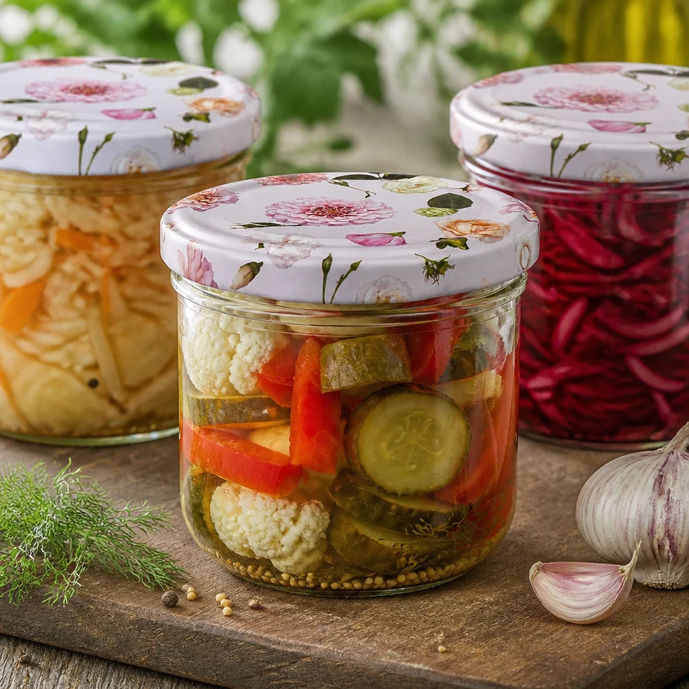 Pikkelöidyt vihannekset 260 ml:n lasipulloissa vaaleanpunaisilla kukkakansilla - säilöntäpurkki marinoiduille elintarvikkeille ja säilykkeille.