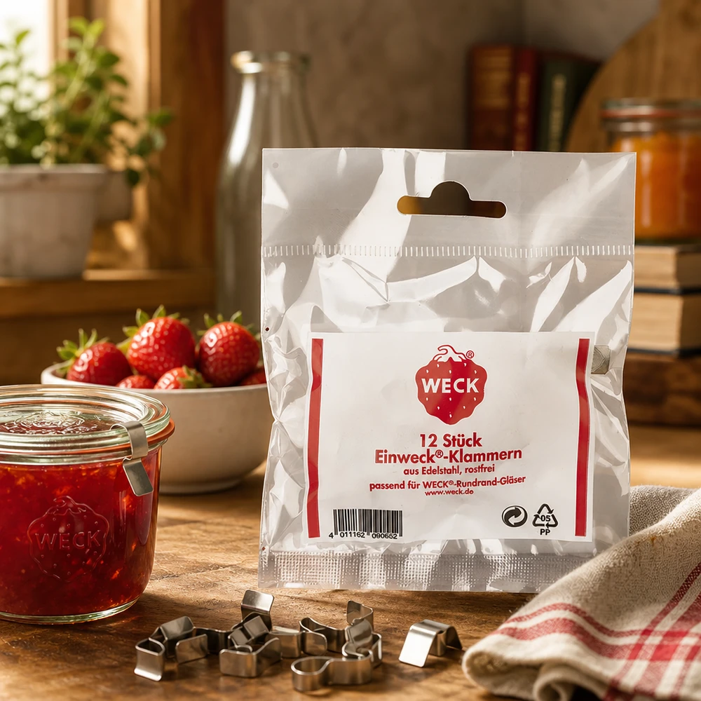 Kiinnittimet Original WECK (Pakkaus(t), jossa 12 kpl) WECK Alkuperäinen leike setti 12 kpl puupöydällä, jossa on säilöntäpurkki mansikoita hilloa keittiö elämäntyyli kohtaus