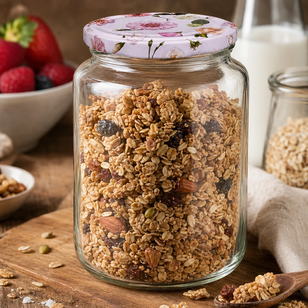 795ml pyöreä purkki + BasicSeal kansi kukka vaaleanpunainen UNiTWIST 795ml Rundglas mit Müsli Nüssen Trockenfrüchten BasicSeal Deckel rosa Blumen Frühstück Vorratsbehälter Küche