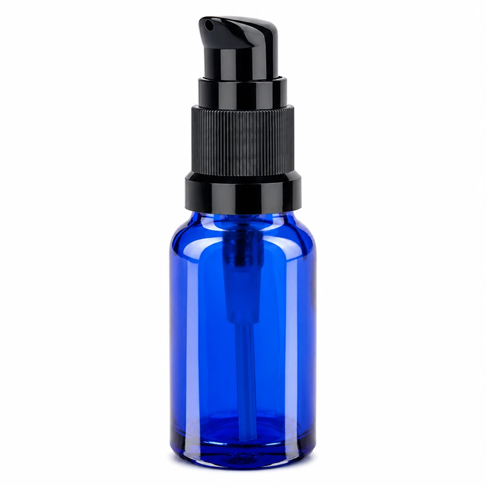 10ml pumppupullo musta vakiokorkki BlueLine UT18/10 Sininen 10 ml:n lasipullo mustalla pumppuannostelijalla STD BlueLine UT18/10 kosmetiikkatuotteille