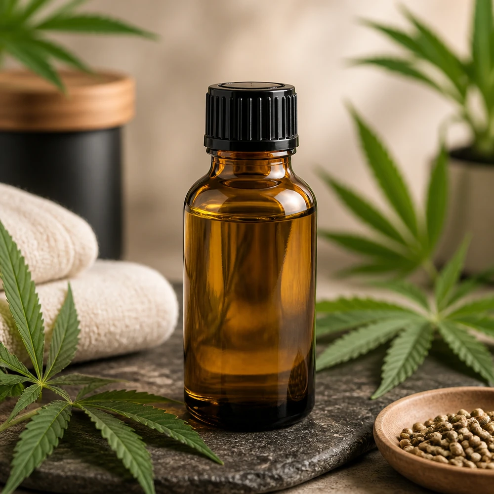 Apteekkipullo ruskea 20ml tippapullon korkki 1mm musta standardi Ruskea 20 ml:n tiputuspullo apteekkilasista, mustalla korkilla, kannabiksen lehtien välissä
