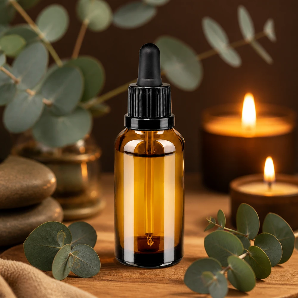 Ruskea 30ml pipettipullo mustalla korkilla kosmetiikka- ja aromaterapiasovelluksiin