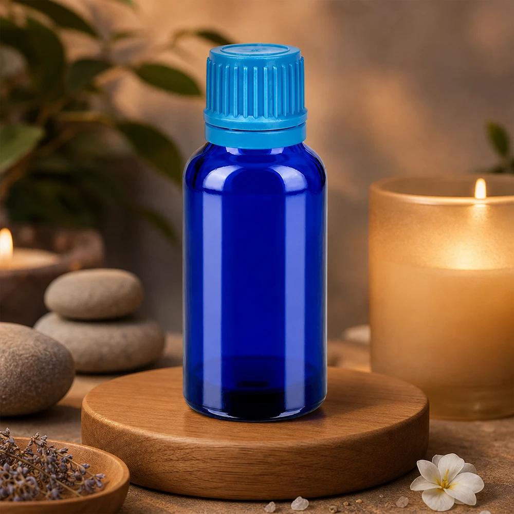 30ml pullo 11mm ruuvikorkki sininen väärentämisen estävä sulkeminen BlueLine UT18/30 BlueLine UT18/30 Pieni 30ml apteekkipullo sinisestä lasista, ihanteellinen DIY-kosmetiikkaan ja luontaistuotteisiin.