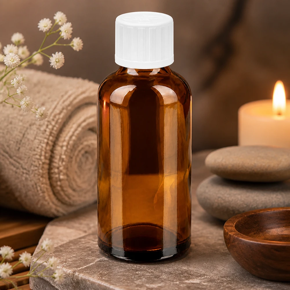 50ml UV-suojalasipullo ruskean sävyissä ja valkoisella korkilla valolle herkille aineille.