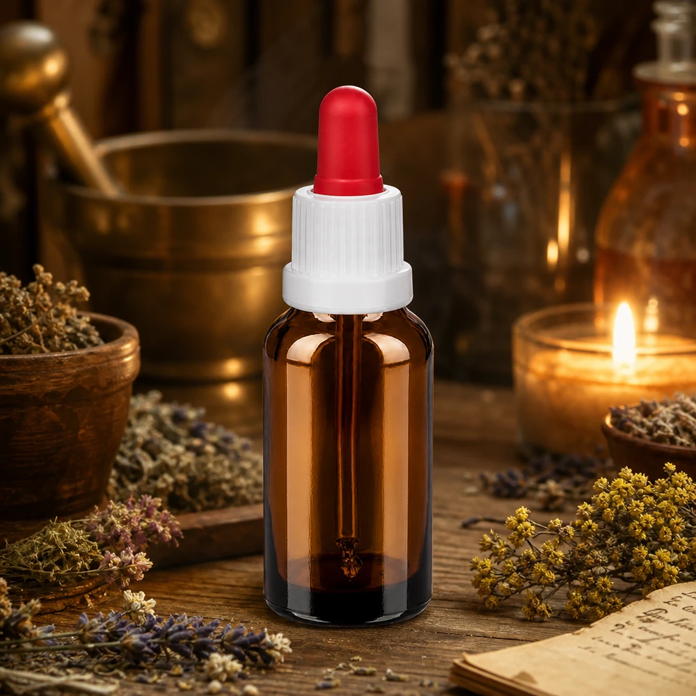 20ml pipettipullo valkoinen/punainen väärentämisen estävä suljin BrownLine UT18/20 Korkealaatuinen 20ml meripihkalasinen apteekkipullo, jossa on tarkka tippapipetti farmaseuttisiin sovelluksiin.