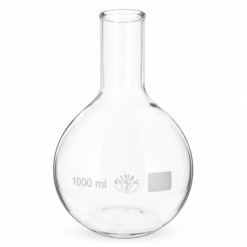 Seisova pullo 1000ml kapeakaulainen läpinäkyvästä borosilikaattilasista laboratoriosovelluksiin.