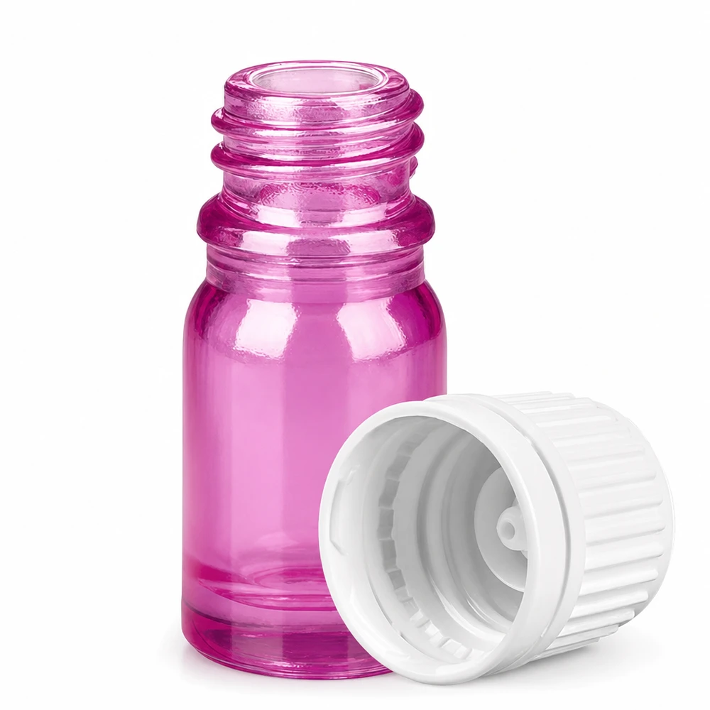 5ml pullo 11mm ruuvikorkki valkoinen Alkuperäinen ruuvikorkki PurpleLine UT18/5 Pieni violetti lasipullo 5ml, jossa on avoin valkoinen korkki aromaterapiaan ja kosmetiikkaan.