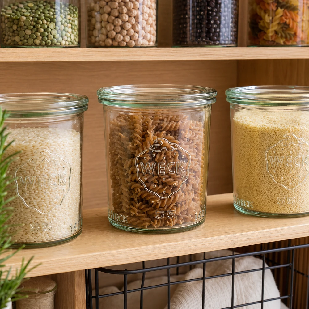 WECK 140 ml:n pyöreä purkki lasikannella RR60 | Huippulaatuinen WECK Gläser 140ml RR60 gefüllt mit Reis Nudeln Couscous in Vorratsregal Pantry Organisation Küchenschrank