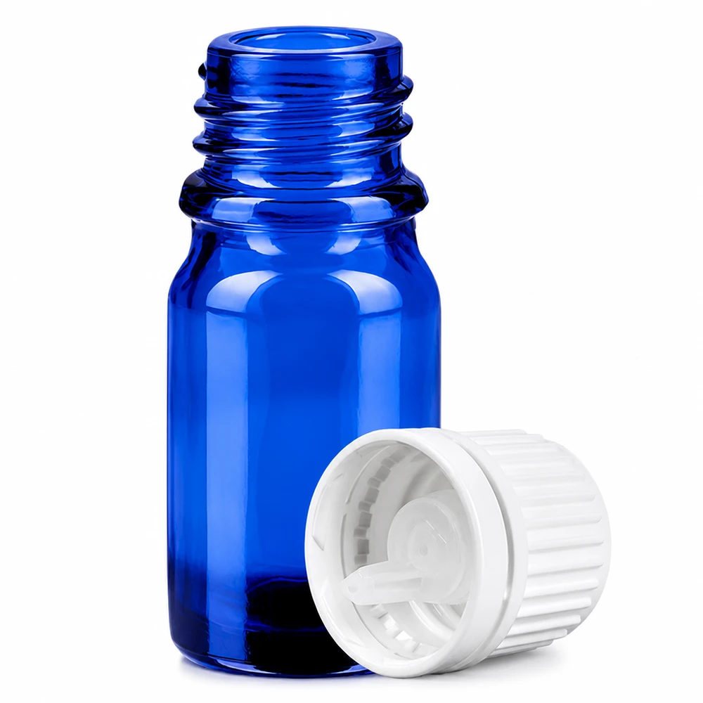 Sininen lasipullo 5ml, jossa on 0.7mm tiputuslaite eteerisiä öljyjä ja tinktuureja varten.