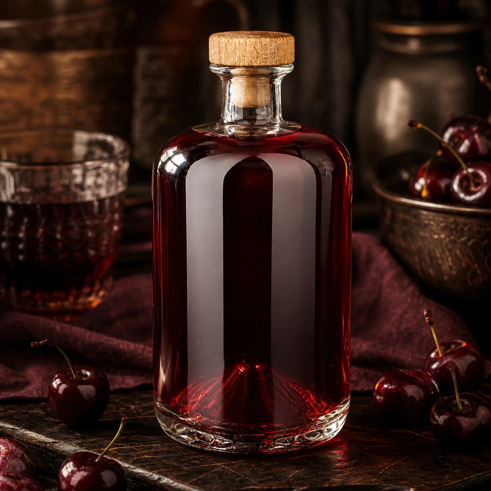 Elegante 700ml Glasflasche Sofia mit Holzkorken gefüllt mit rotem Kirschlikör auf rustikalem Holztisch mit Kirschen