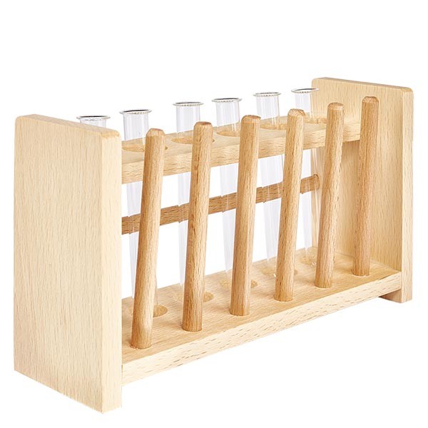 Puinen koeputkiteline, jossa on 6 koeputkea borosilikaatti 100x12.