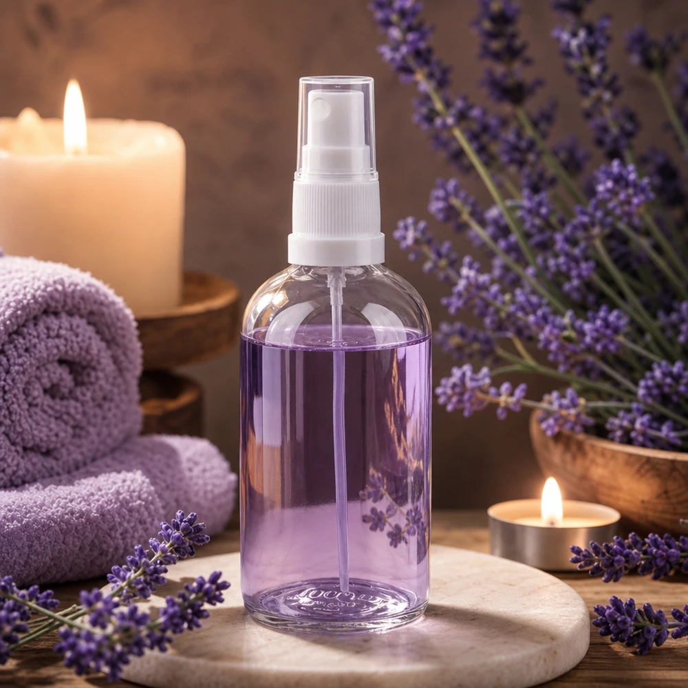 100 ml:n läpinäkyvä suihkepullo, täytetty laventeliöljyllä, valkoinen sumutin, Spa Ambiente ClearLine