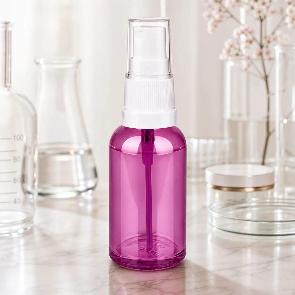 30ml violetti suihkepullo, valmistettu korkealaatuisesta lasista ja käytännöllinen pumppusumutinjärjestelmä.