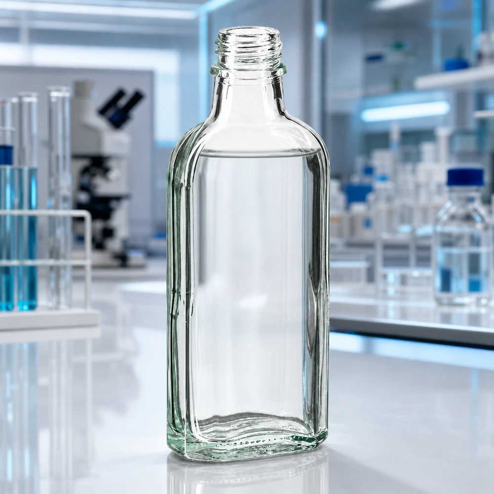 100 ml Meplat-pullo kirkas DIN22 Litteä, kirkas 100 ml:n Meplat-lasipullo, jossa on DIN22-kierrekierre, farmaseuttisiin käyttötarkoituksiin