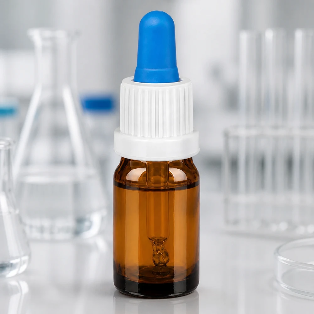 Laboratoriolaatuinen pipettipullo 5ml ruskea, jossa on tarkka tippakorkki ammattikäyttöön.