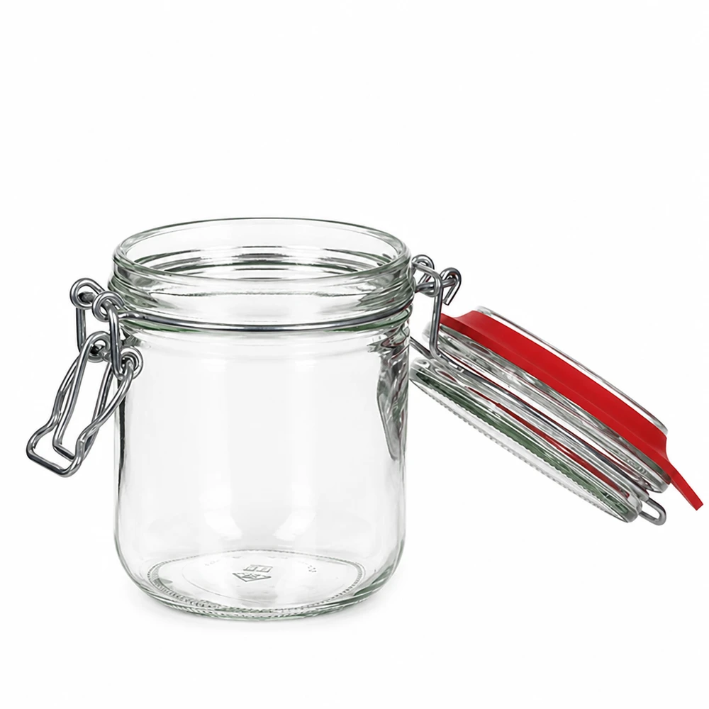 400 ml:n säilytyspurkki, tyyppi G, kauluslukolla UN.. Kirkas 400 ml:n lasinen säilytyspurkki, jossa on punainen kumitiiviste ja metallinen klipsisuljenta ilmatiiviiseen säilytykseen.