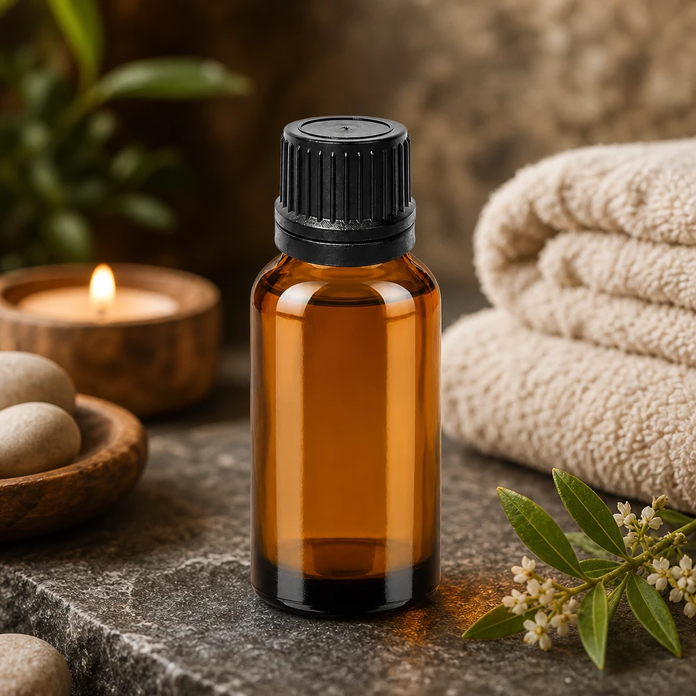 Ammattikäyttöön tarkoitettu 20 ml:n lasipullo, jossa on tippakorkki tarkkaan levitykseen kylpylöissä ja wellness-keskuksissa.