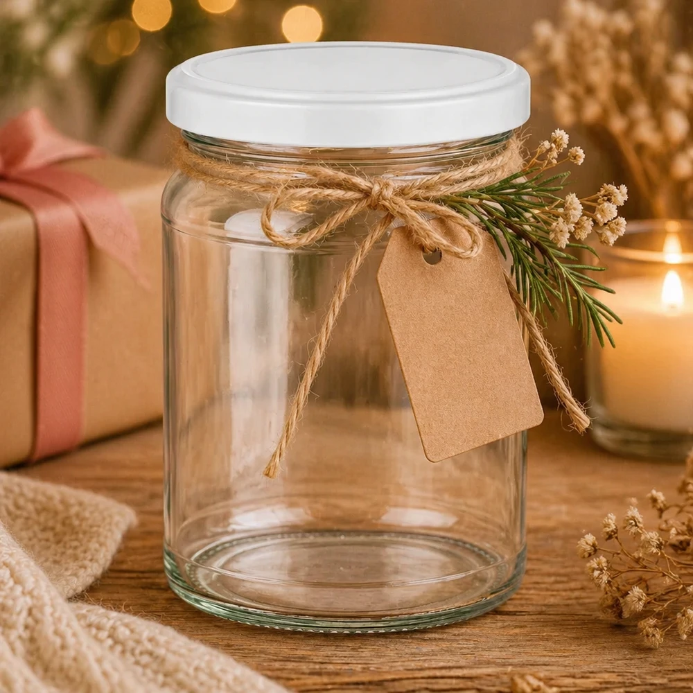 205ml pyöreä purkki BasicSeal-kannella valkoinen UNiTWIST 205ml Rundglas mit weißem Deckel als Geschenkverpackung dekoriert mit Juteschnur und Geschenkanhänger