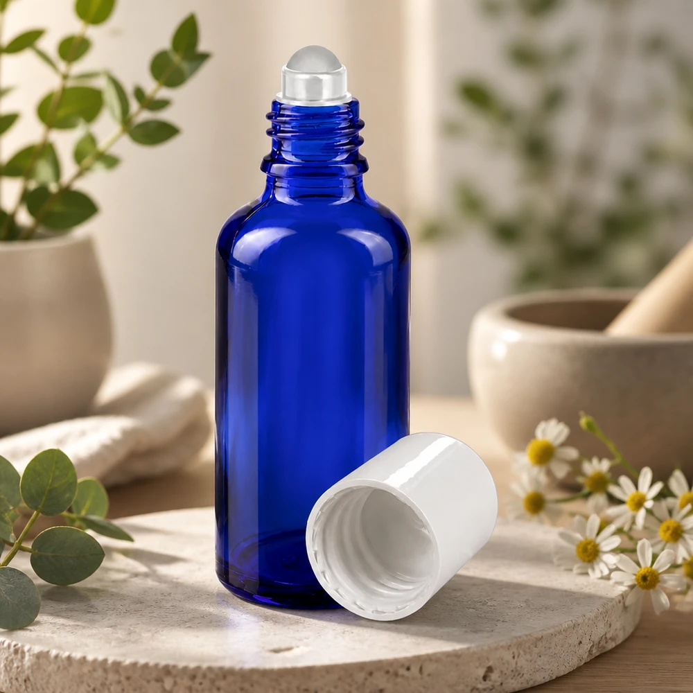 Apteekkipullo sininen 50ml roll-on korkki valkoinen Sininen 50 ml:n lasipullo, jossa on rullapää ja valkoinen korkki, luonnonkiven päällä yrttikoristeen edessä